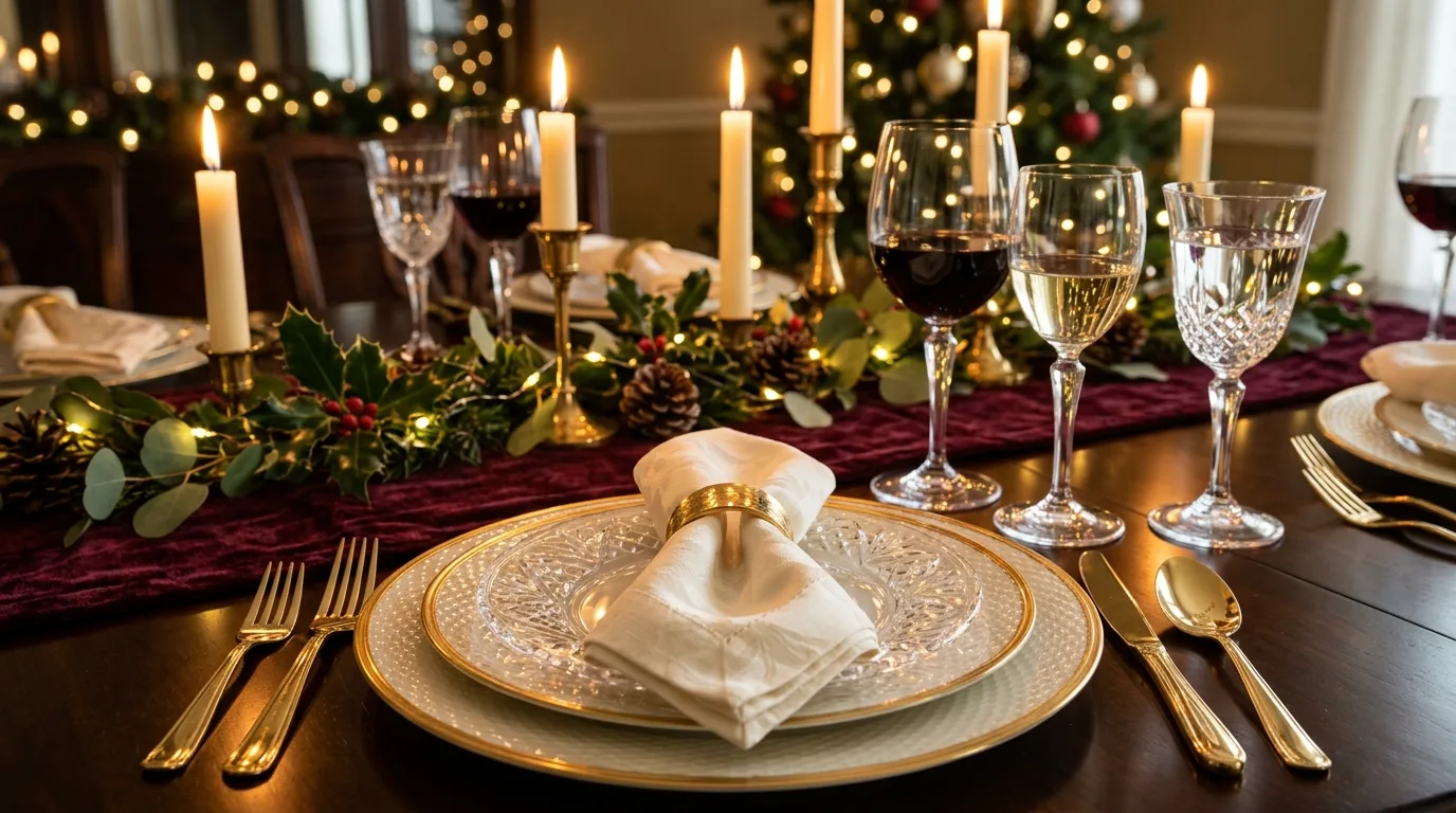 Luxury holiday table setting with linen, gold, and crystal details.